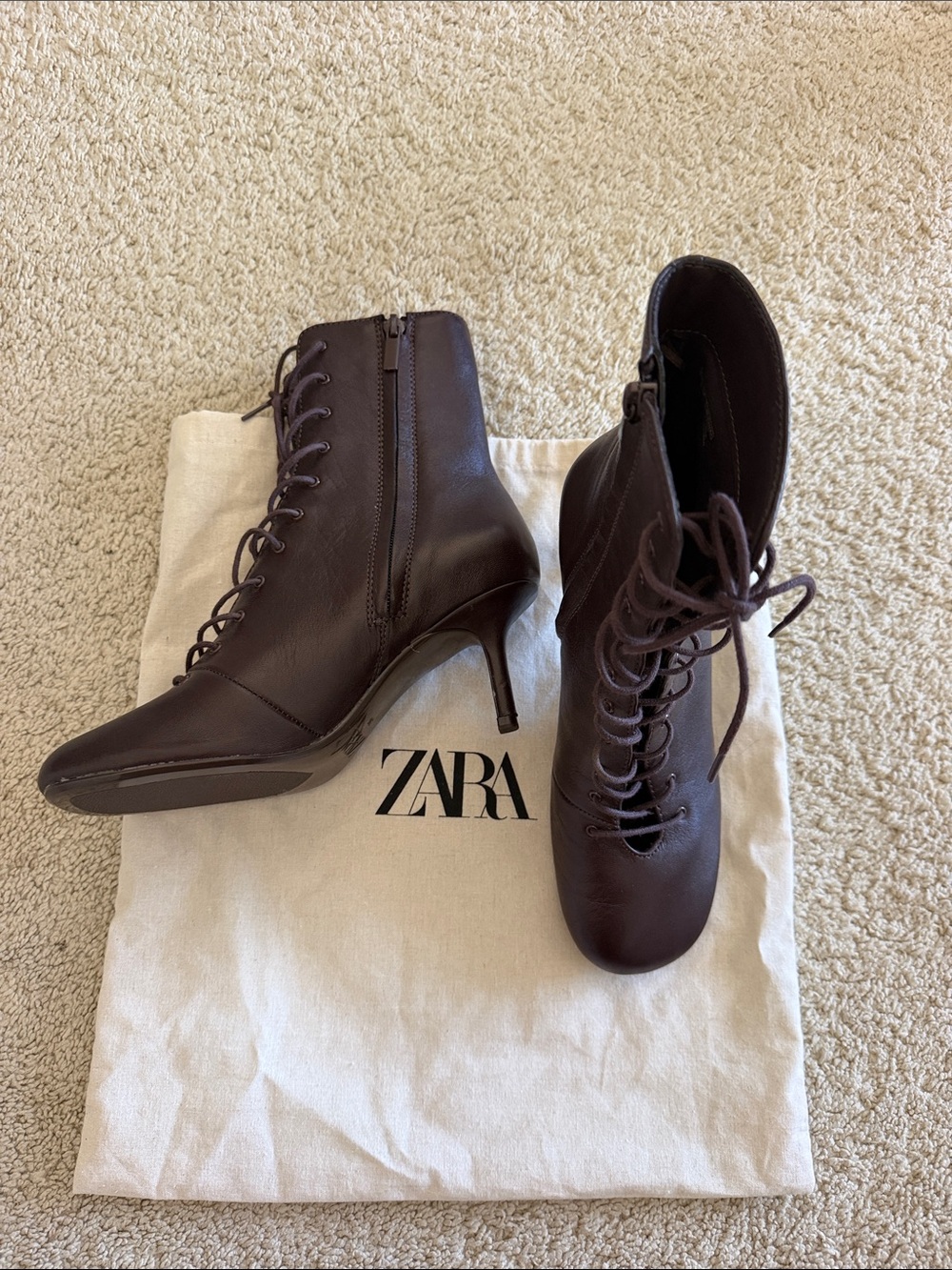 Zara Lace-Up Mid Heel Ankle Boots - Burgundy NWOT